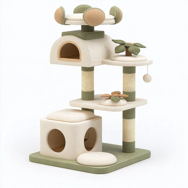 Kratzbaum 70 cm x 50 cm x 150 cm Beige Grün mit Sisal und Plüsch mehrstöckiger Katzenbaum