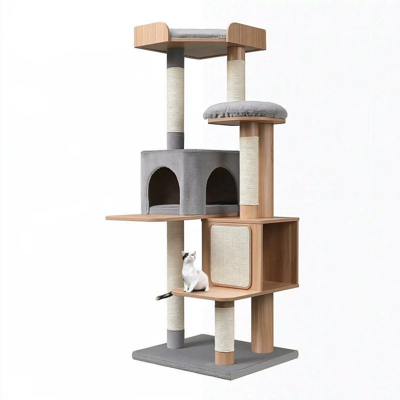 Kratzbaum 60 x 60 x 150 cm Holzwerkstoff Grau Braun Beige mehrstufig für Katzen