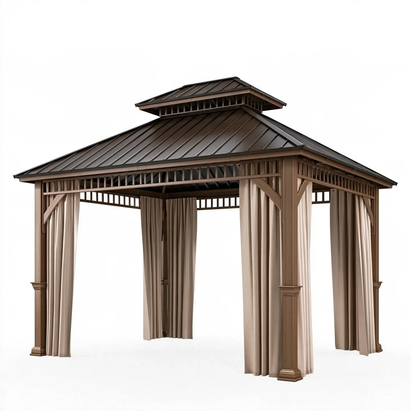 Gartenpavillon 300 x 300 x 290 cm Metall Braun mit Vorhängen