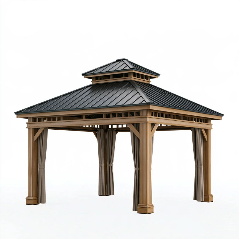 Gartenpavillon 400 x 400 x 330 cm Holz Metall Braun Schwarz mit Vorhängen