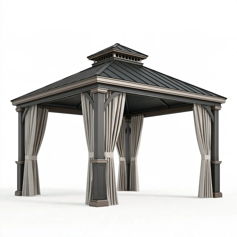 Gartenpavillon 300 x 300 x 290 cm aus Metall in Anthrazit Grau mit Vorhängen