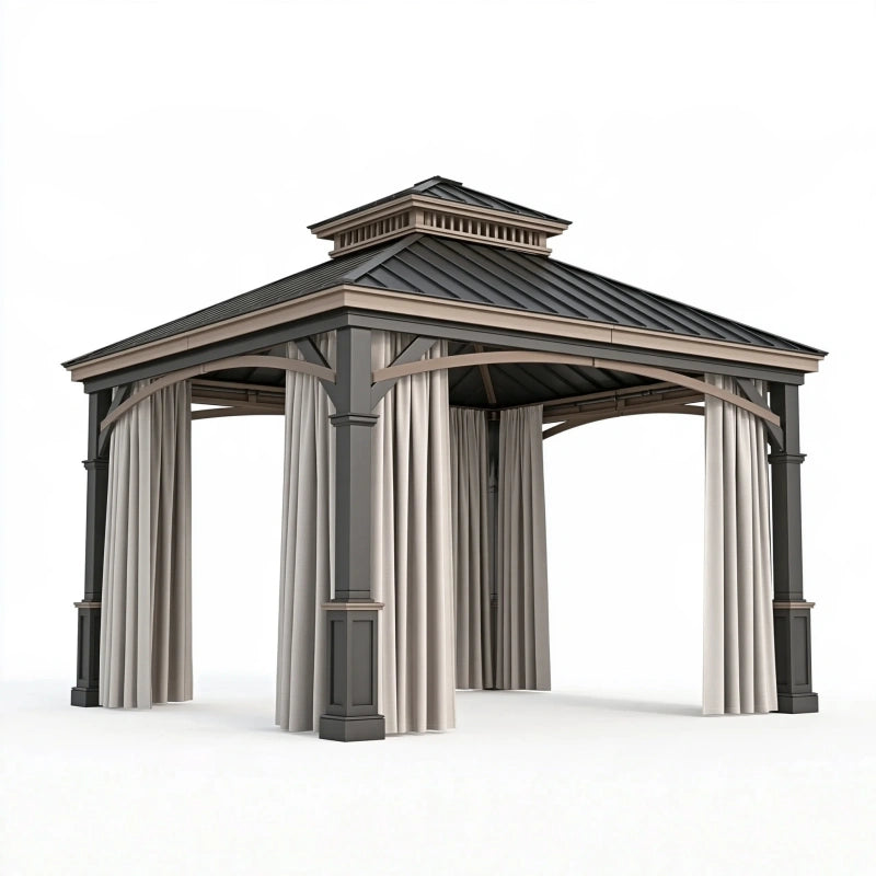 Gartenpavillon 300 x 300 x 320 cm aus Metall in Anthrazit mit Vorhängen