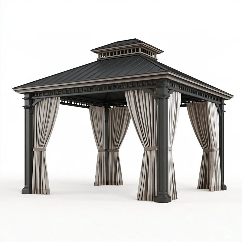Gartenpavillon 300 x 300 x 300 cm aus Stahl Dunkelgrau mit Vorhängen