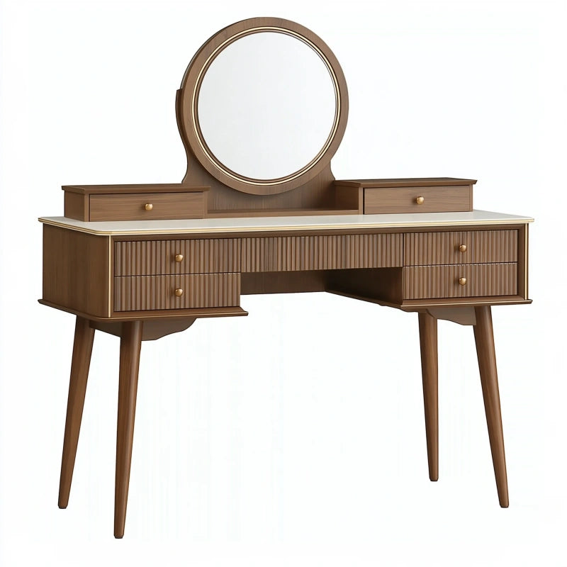 Schminktisch 140 x 45 x 150 cm Holzwerkstoff Braun mit rundem Spiegel und Schubladen