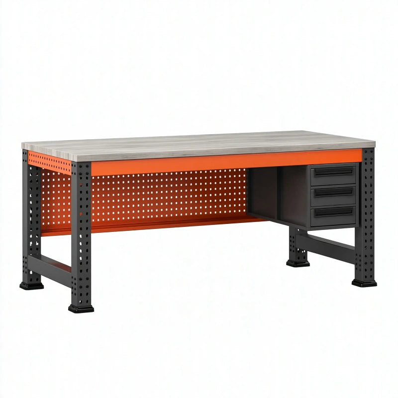Werkbank 120 x 60 x 85 cm aus Stahl und Holzoptik Orange Schwarz mit 3 Schubladen
