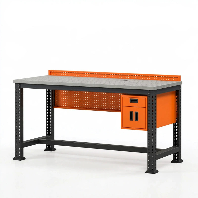 Werkbank 120 x 60 x 90 cm aus Stahl Orange Grau Schwarz mit Lochwand und Stauraum