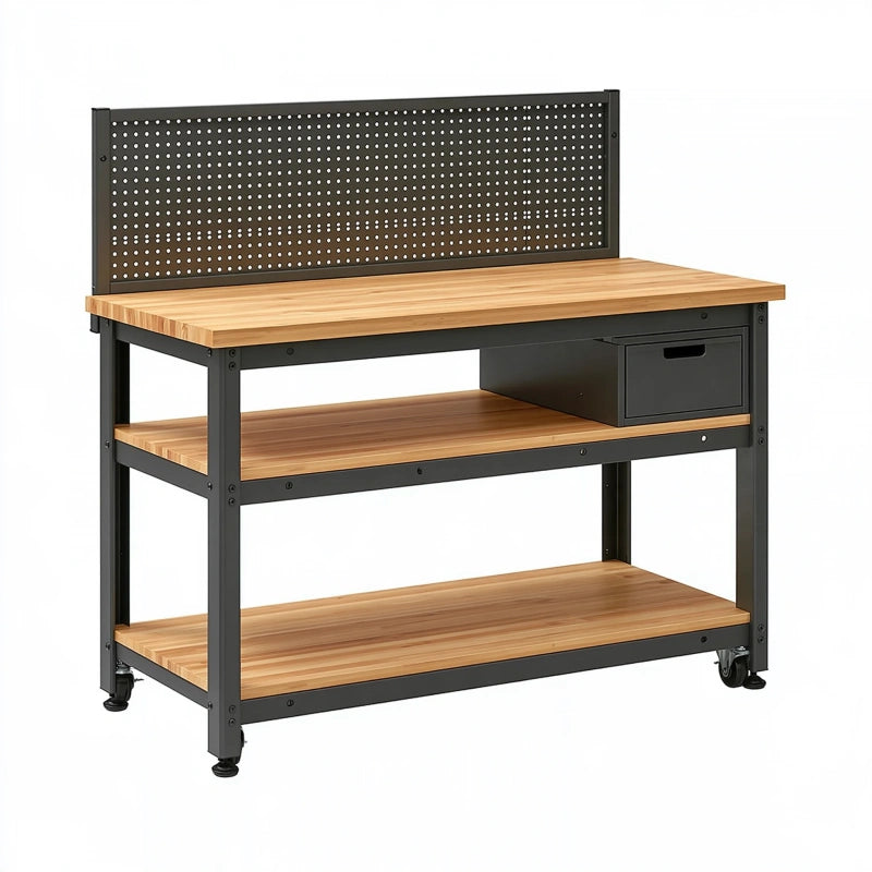 Werkbank 120 x 60 x 155 cm aus Holz und Stahl in Natur/Schwarz mit Lochwand und Rollen