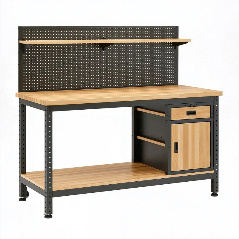 Werkbank 160 x 60 x 150 cm Stahl Holzoptik mit Lochwand und Stauraum