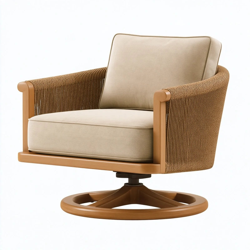 Drehsessel 82 x 84 x 88 cm aus Holz und Textil in Beige Braun mit Webarmlehnen